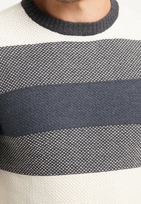 Maglione lavorato a maglia con strisce orizzontali grigio scuro e bianche, colletto tondo, motivo testurizzato e collo a costine.