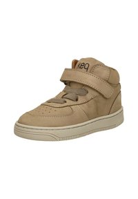 Beige hoge sneakers van leer met een getextureerde afwerking, voorzien van een brede klittenbandsluiting en een ronde neus, op een licht rubberen zool.