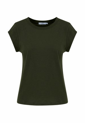 Camiseta de mujer de manga corta en verde oscuro con cuello redondo y pequeños bordes de las mangas doblados, mostrada sobre un fondo blanco.