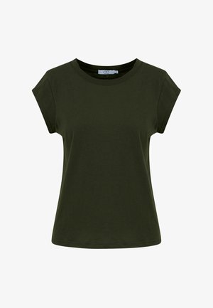 Camiseta de mujer de manga corta en verde oscuro con cuello redondo y pequeños bordes de las mangas doblados, mostrada sobre un fondo blanco.