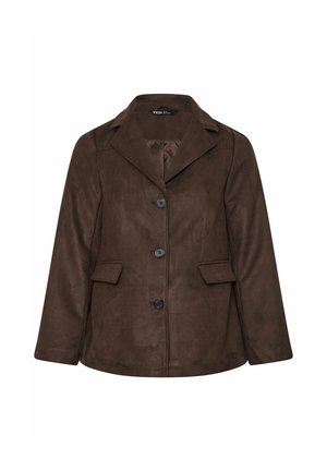 Brun skræddersyet jakke i ruskind med tre knapper og to forlommer med klap, med en reverskrave og lange ærmer.