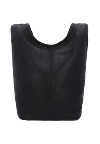 Borsa in pelle nera con una texture morbida, parte superiore arrotondata e design con collo aperto, caratterizzata da una finitura liscia e uno stile minimalista.