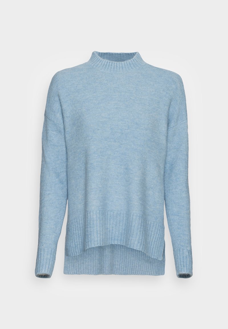 Hellblaues Strickpullover mit geripptem Stehkragen, Bündchen und Saum, ausgestattet mit einem asymmetrischen Saumdesign und langen Ärmeln.