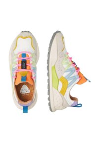 Colorful athletic shoes featuring a mix of materials including leather and textile. Notable colors include white, yellow, green, and pink.