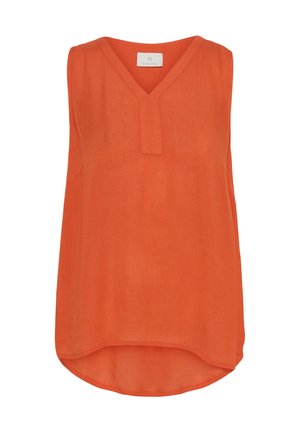 Sleeveless top in bright orange, made from lightweight fabric, featuring a V-neckline and a rounded hem for a relaxed fit.