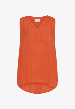 Mouwloze top in feloranje, gemaakt van lichtgewicht stof, met een V-hals en een afgeronde onderkant voor een relaxte pasvorm.