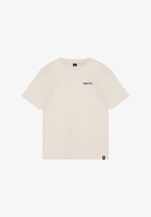 T-shirt in cotone beige chiaro con maniche corte, scollo rotondo e piccolo logo "RELLIX" color navy sul petto. Forma quadrata, texture morbida.