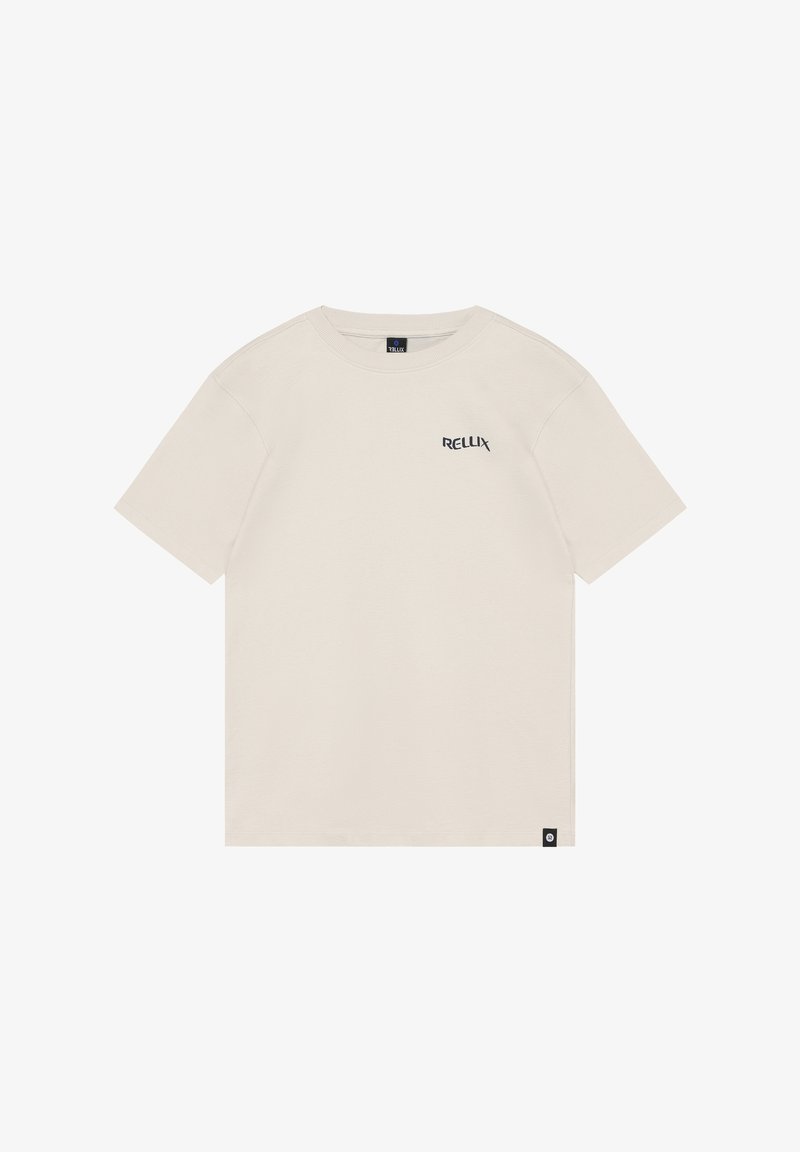 Lichtbeige katoenen T-shirt met korte mouwen, een ronde halslijn en een klein marineblauw "RELLIX"-logo op de borst. Vierkante vorm, zachte textuur.