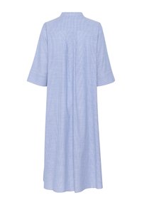 Abito in cotone azzurro chiaro con colletto alla cinese, maniche corte e motivo a righe verticali, caratterizzato da un design con pieghe sulla parte posteriore.