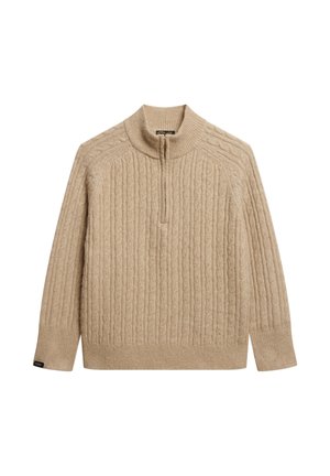 Beige kabelgebreid sweater met een half-rits kraag, lange mouwen en geribde onderkant. Heeft een textuurpatroon over de stof.