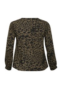 Leopardenmuster-Bluse in Braun und Schwarz, mit langen Ärmeln, einem runden Ausschnitt und einer lockeren Passform. Texturierter Stoff mit sichtbaren Steppnähten.