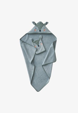 Baby hooded towel and washcloth set in muted green, both featuring a smiling deer face with ears and embroidered details.