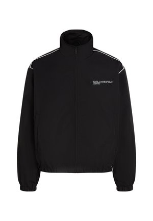 Black zip-up jacket made of lightweight fabric, featuring a high collar, elastic cuffs, and white accent stripes on the shoulders.