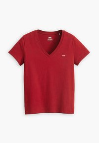 T-shirt di cotone rosso con scollatura a V e maniche corte. Presenta un piccolo logo Levi's sul petto. Tessuto morbido, design semplice.