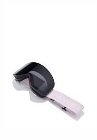 Črna smučarska očala z veliko lečo, mehko penasto oblogo in svetlo roza trakom z belim napisom "HAWKE".