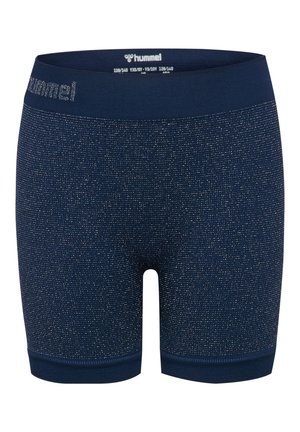 Marineblå sømløse shorts med et subtilt sølvskinnende mønster og elastisk linning med et lille "hummel"-logo.
