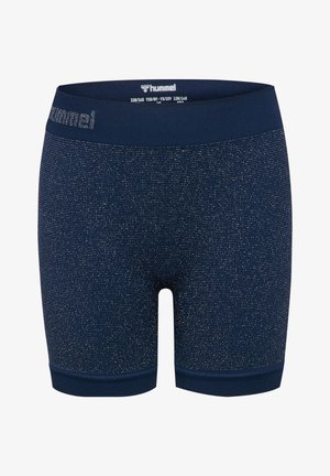 Marineblaue nahtlose Shorts mit einem dezenten silbernen gesprenkelten Muster und elastischem Bund mit kleinem "hummel"-Logo.