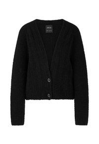 Schwarze, kurze Strickjacke mit einem strukturierten Strickdesign, V-Ausschnitt und zwei Knopfverschlüssen auf der Vorderseite. Weiches, flauschiges Material.