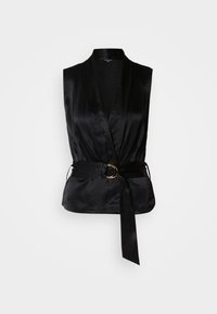 Black satin sleeveless top with a wrap design, featuring a belted waist and a gold ring accent. Smooth texture and tailored shape.