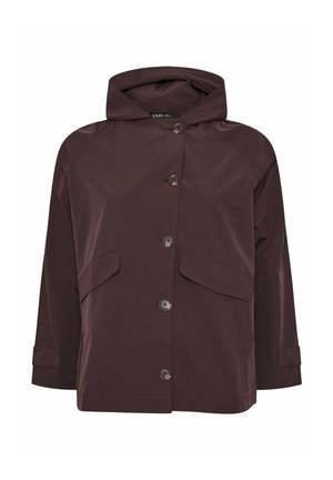 Dunkelbraune Kapuzenjacke aus leichtem Stoff mit zwei Vorderaschen, Knopfverschlüssen und aufgerollten Ärmeln.