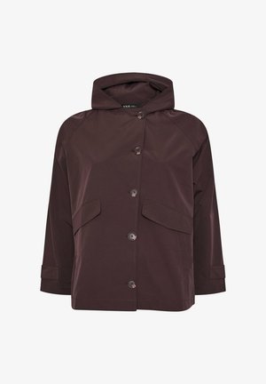 Tummanruskea hupparitakki kevyestä kankaasta, jossa on kaksi etutaskua, napitus ja käärettävät hihansuut.