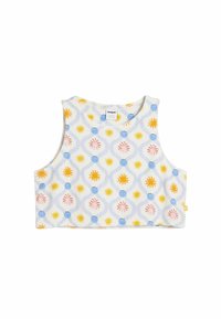 Crop top vyrobený z mäkkého materiálu, s ľahkým pozadím a farebným vzorom červených, žltých a modrých tvarov a motívov slnka.