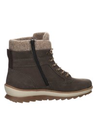 Brown leather ankle boot with a felt collar, side zipper, and lace-up front. Features textured upper and sturdy rubber sole.