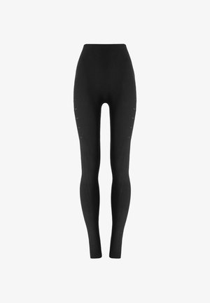Leggings neri a vita alta realizzati in tessuto elastico, caratterizzati da una texture liscia e da dettagli di cuciture sottili lungo le cuciture laterali.