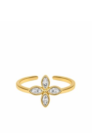 Bague ouverte en or avec un design en forme de fleur, composée de quatre pierres précieuses claires taillées en marquise disposées symétriquement au centre.