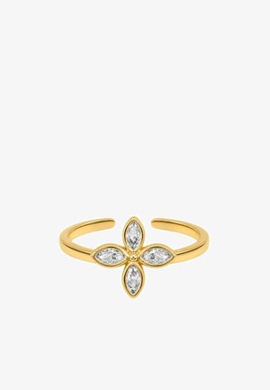 Bague ouverte en or avec un design en forme de fleur, composée de quatre pierres précieuses claires taillées en marquise disposées symétriquement au centre.
