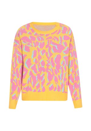 Knit-sweateri keltainen, jossa on vaaleanpunaiset ja siniset leopardikuosiset printit, ymp roundkauluksella sekä resorilla varustetut hihansuut ja helma.