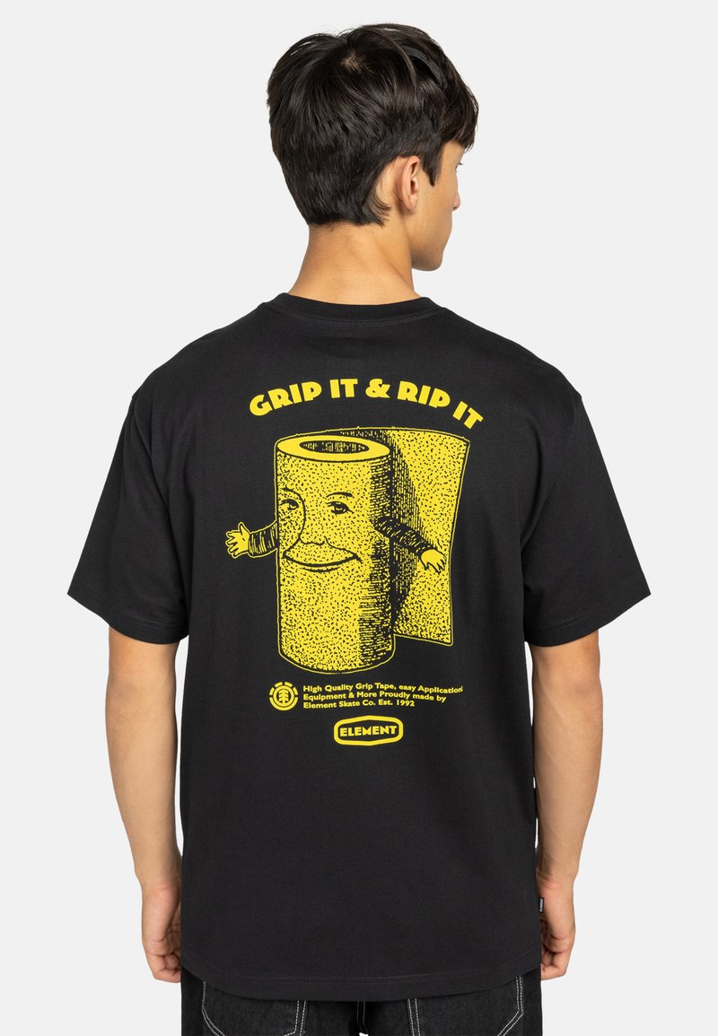 Black cotton t-shirt featuring a yellow graphic of a cartoon grip tape roll with arms, text saying "GRID IT & RIP IT" above and product details below.
