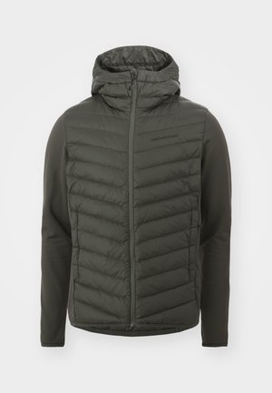Geïsoleerde jas met een gewatteerde voorkant in donker groen, met een capuchon, gestructureerd oppervlak en een volledige rits. Glad stoffen mouwen.