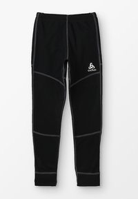Leggings sportivi neri con una vestibilità aderente, caratterizzati da dettagli in cucitura grigia e dal logo Odlo sul lato sinistro superiore. Texture liscia.