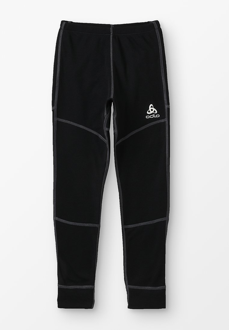 Leggings sportivi neri con una vestibilità aderente, caratterizzati da dettagli in cucitura grigia e dal logo Odlo sul lato sinistro superiore. Texture liscia.