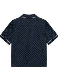 Camisa de manga curta em azul escuro com um padrão geométrico apresentando quadrados sobrepostos. O material parece leve com uma textura suave.