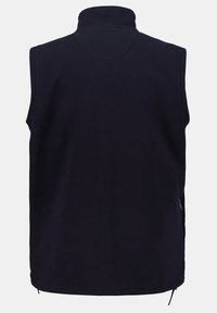 Gilet in pile senza maniche di colore navy con colletto alto, texture liscia, tasche laterali con zip e orlo dritto, adatto per essere indossato a strati.