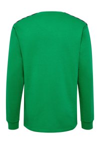 Maglietta a maniche lunghe di un verde vivace con una texture liscia, caratterizzata da dettagli neri lungo le spalle e polsini a coste.