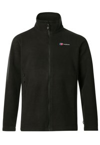 Black fleece jacket with a high collar. Features a full front zipper, side pockets, and a small color logo on the upper left. Soft texture.