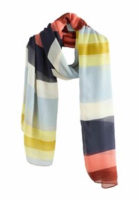 Vævet tørklæde med markante, multicolor striber i blå, gul, pink og mørkerød. Letvægts, gennemsigtigt stof med en struktureret finish.