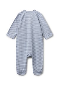 Dětská overal s dlouhým rukávem, modro-bíle pruhovaný, se zakrytím na nohy, zobrazený ze zadní strany na bílém pozadí.