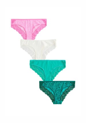 Neli naiste aluspesupesa: roosa sebra mustriga, valge, sinakasroheline ja tume sinakasroheline sebra mustriga, kõik pitsäärega.