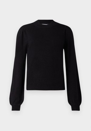 Svart tröja med hög krage, puffade långa ärmar och ribbad nederdel. Tillverkad av ett mjukt, slätt material. Minimalistisk design.