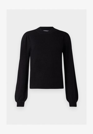 Fekete pulóver magas nyakkivágással, puffadt hosszú ujjakkal és bordázott alsó résszel. Puha, sima anyagból készült. Minimalista dizájn.