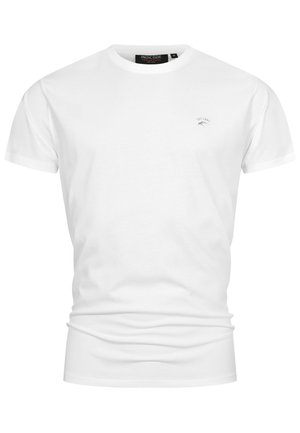 Witte katoenen t-shirt met een ronde halslijn, korte mouwen en een klein grijs logo op de linkerkant van de borst. Gladde textuur, klassieke pasvorm.