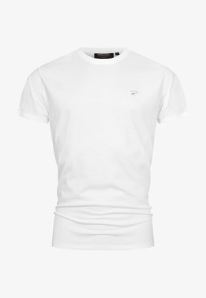 T-shirt bianca in cotone con scollatura rotonda, maniche corte e un piccolo logo grigio sul lato sinistro del petto. Tessuto liscio, vestibilità classica.