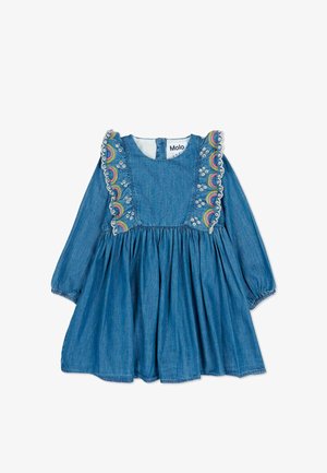 Spijkerjurk met lange mouwen, een gerimpelde taille en regenboogborduursel op een gerimpelde halslijn. Zachte textuur met een casual snit.