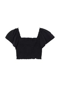 Schwarzes, kurzes Oberteil mit kurzen Puffärmeln, gerüschtem Stoff, quadratischem Ausschnitt und einer Rüschensaum. Hergestellt aus leichtem Material.