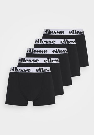 Pet parova crnih bokserica s bijelom gumicom na kojoj se crnim slovima ispisuje "ellesse". Mekani materijal, pravokutni oblik i bez uzoraka.