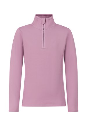 Lichtpaars (mauve) trui met lange mouwen, een hoge kraag en een kwartritssluiting aan de voorkant.